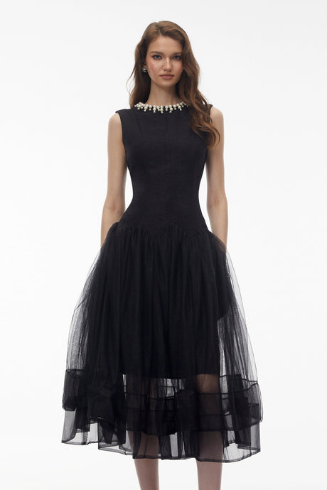 Hunter Midi Dress Black Pearl Pleated
