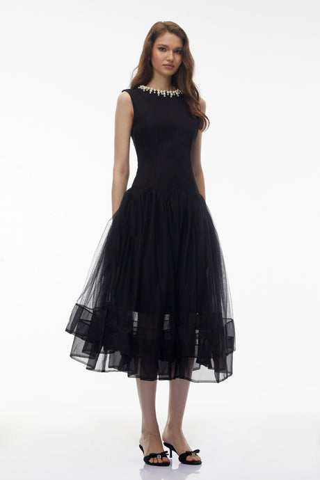 Hunter Midi Dress Black Pearl Pleated