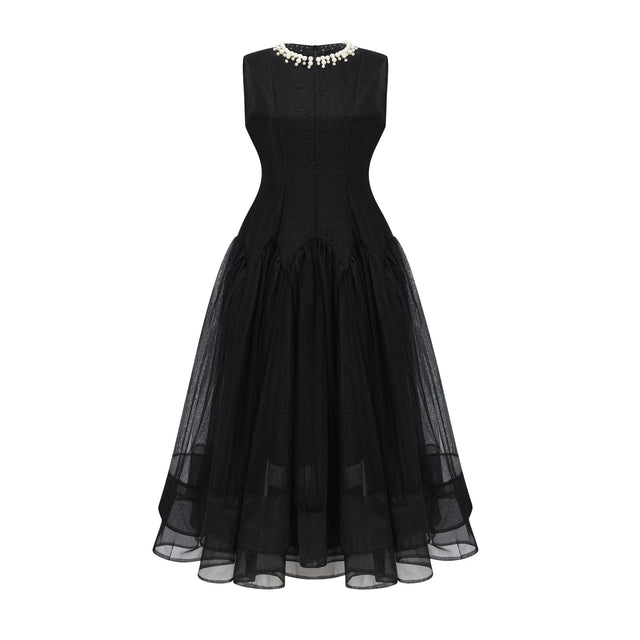 Ofra Black Pearl Pleated Midi Dress