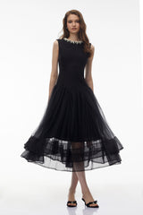 Ofra Black Pearl Pleated Midi Dress