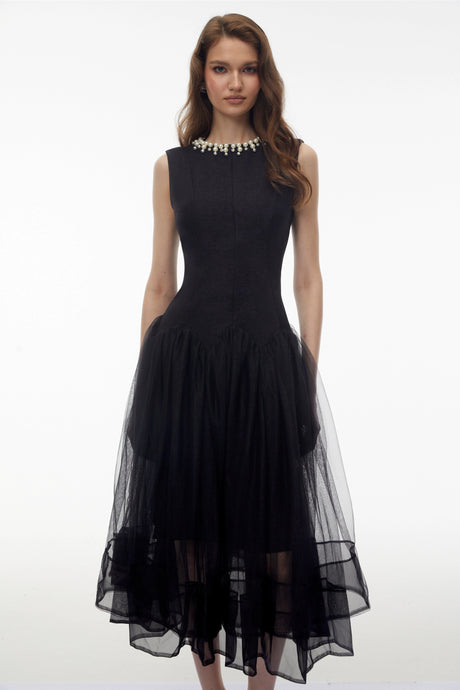 Hunter Midi Dress Black Pearl Pleated