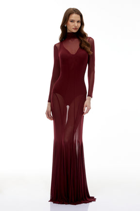 Ofra Burgundy Mesh Bodysuit  Dress Set