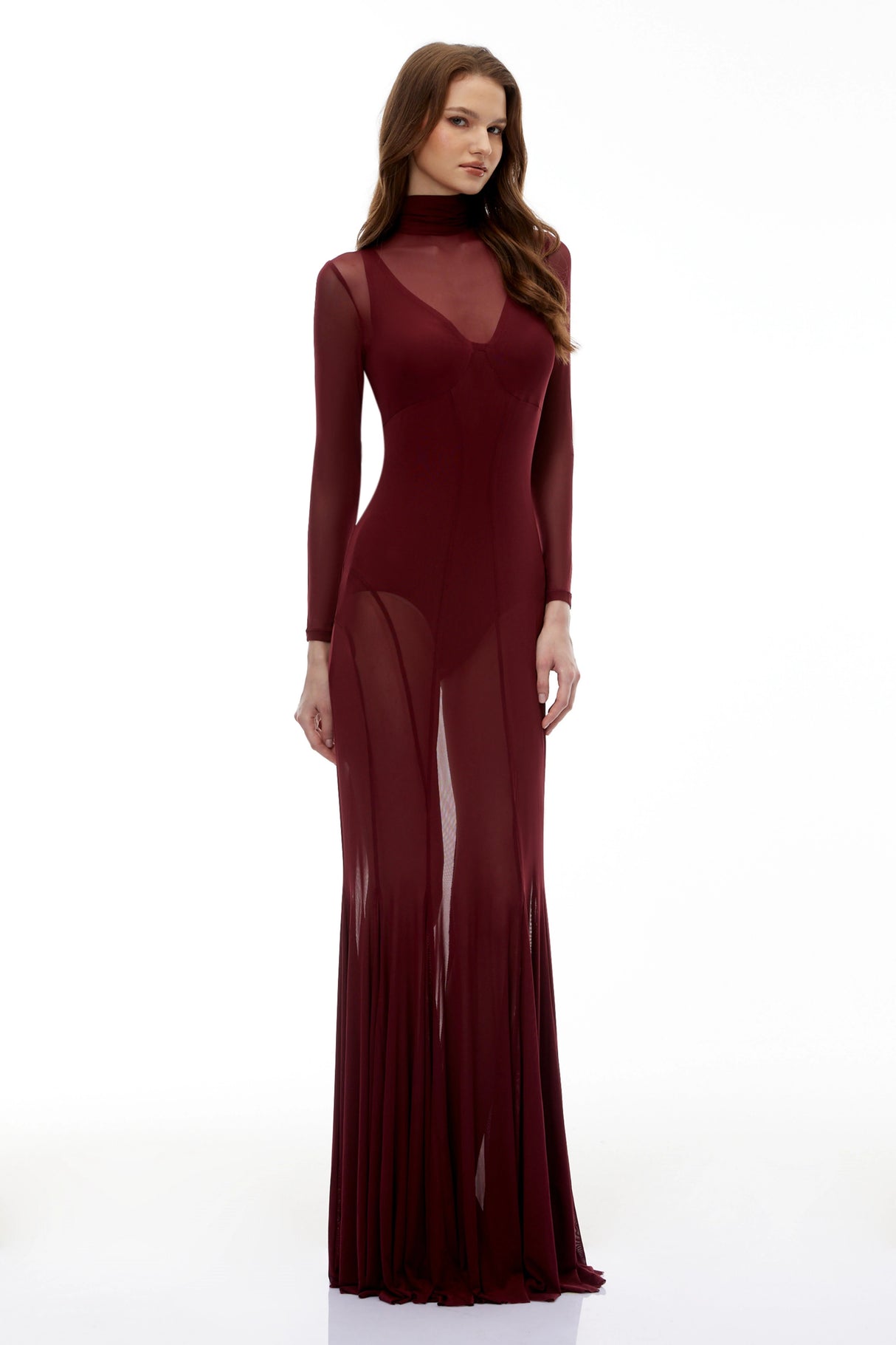 Ofra Burgundy Mesh Bodysuit  Dress Set