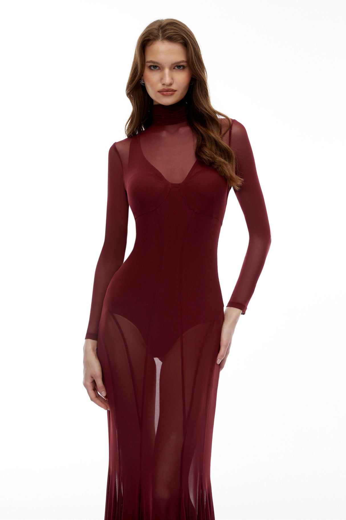 Ofra Burgundy Mesh Bodysuit  Dress Set