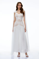 Oksana White Ruched Maxi Dress with Cape and 3D Florals