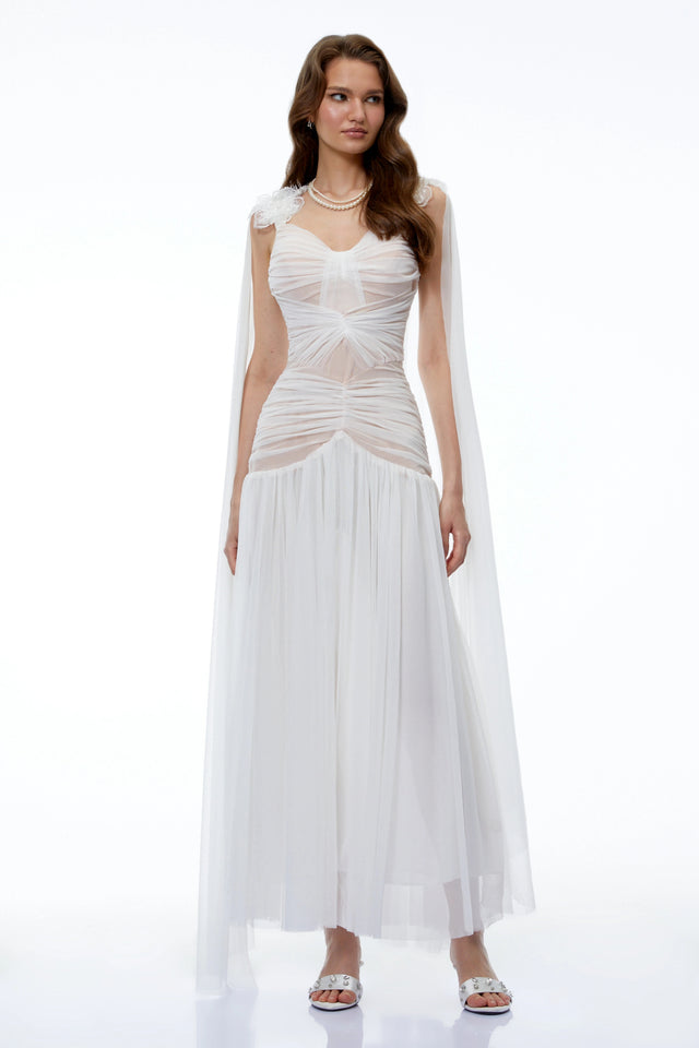 Oksana White Ruched Maxi Dress with Cape and 3D Florals