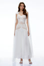 Oksana White Ruched Maxi Dress with Cape and 3D Florals