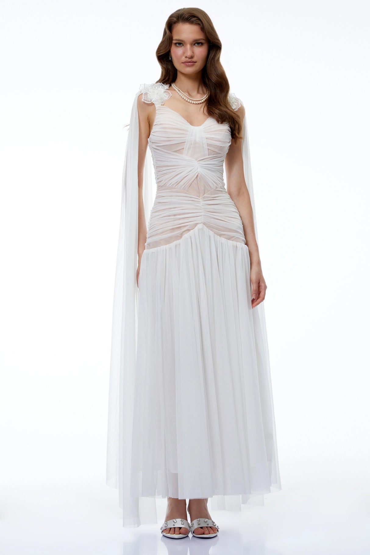 Oksana White Ruched Maxi Dress with Cape and 3D Florals