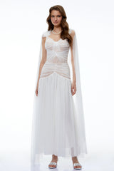Oksana White Ruched Maxi Dress with Cape and 3D Florals