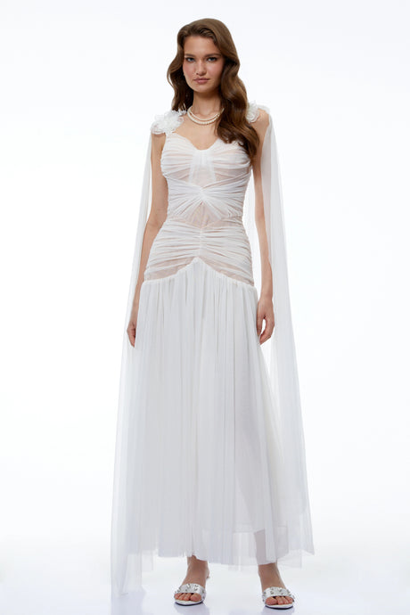 Brianna Maxi Dress White Ruched with Cape and 3D Florals