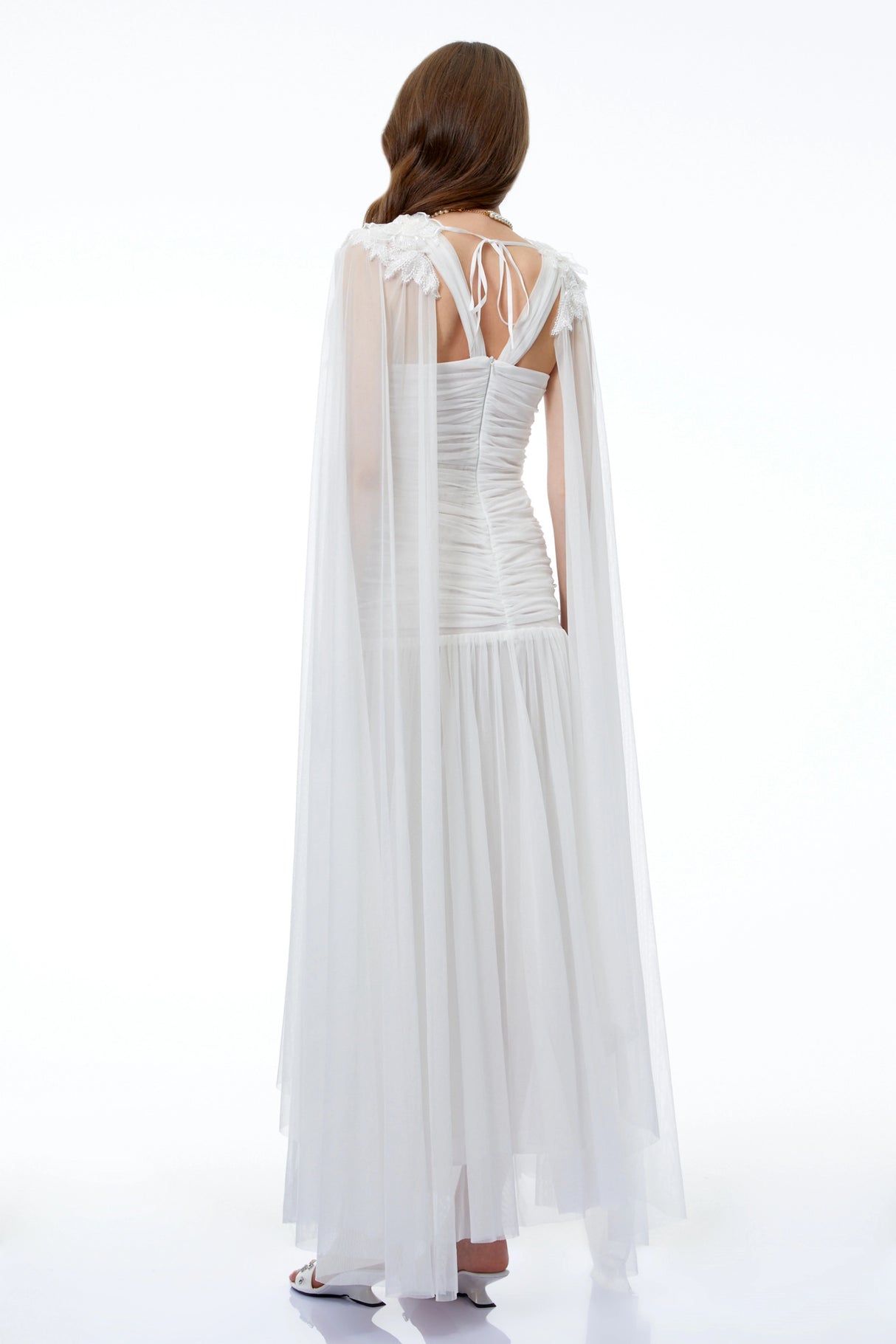 Oksana White Ruched Maxi Dress with Cape and 3D Florals