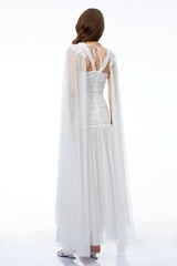 Oksana White Ruched Maxi Dress with Cape and 3D Florals