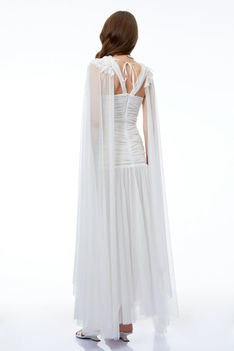 Brianna Maxi Dress White Ruched with Cape and 3D Florals