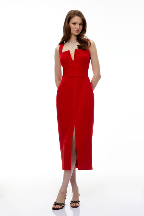 London Midi Dress Red Front Zip Corset