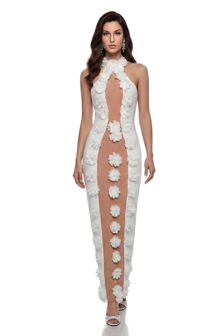 Ivana Maxi Dress White Bandage with 3D Petals