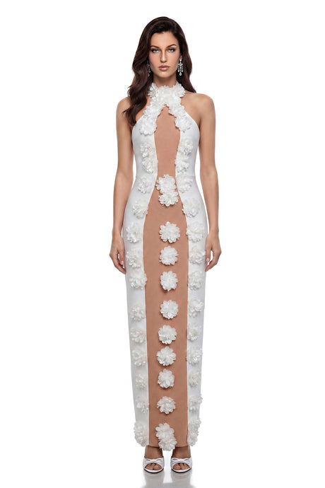 Ivana Maxi Dress White Bandage with 3D Petals