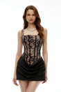 Olesya Black Ruched Mini Dress with Lace Panels