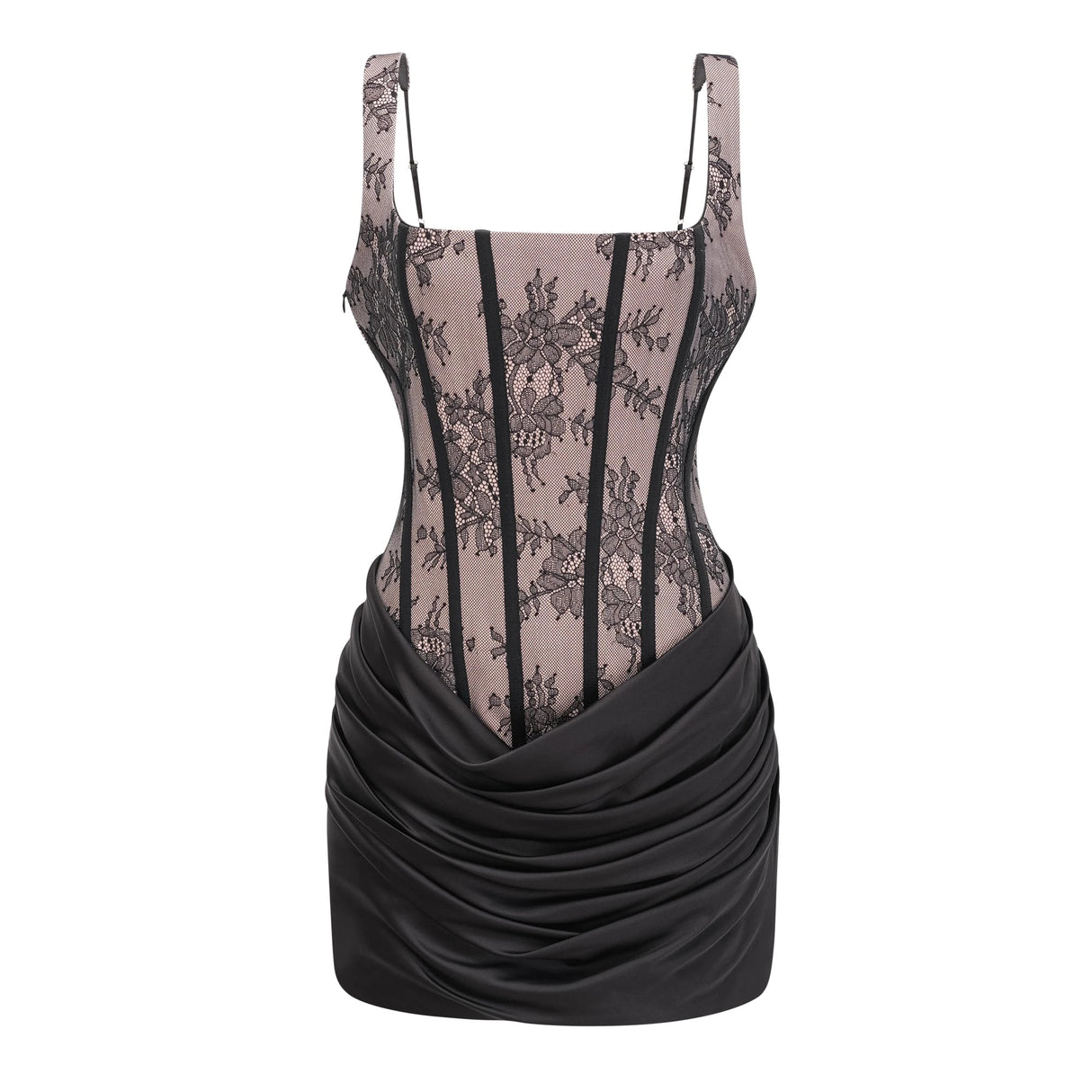 Olesya Black Ruched Mini Dress with Lace Panels