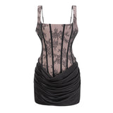 Olesya Black Ruched Mini Dress with Lace Panels
