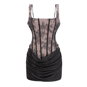 Olesya Black Ruched Mini Dress with Lace Panels