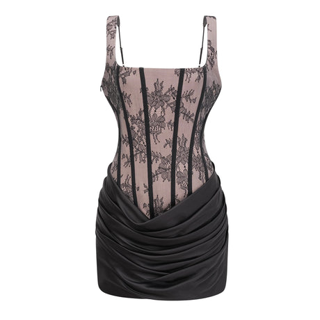 Joanna Mini Dress Black Ruched with Lace Panels