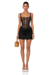 Olesya Black Ruched Mini Dress with Lace Panels