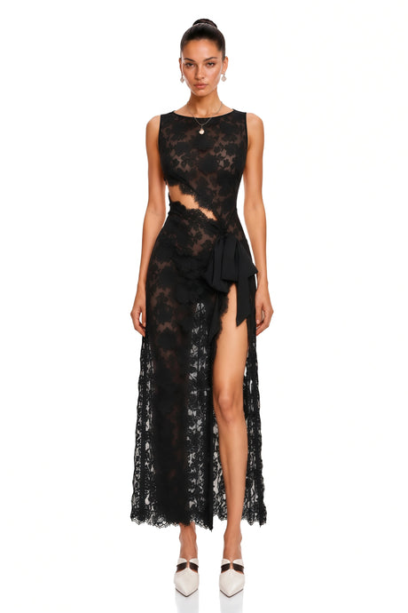 Michela Maxi Dress Black Semi Sheer Lace