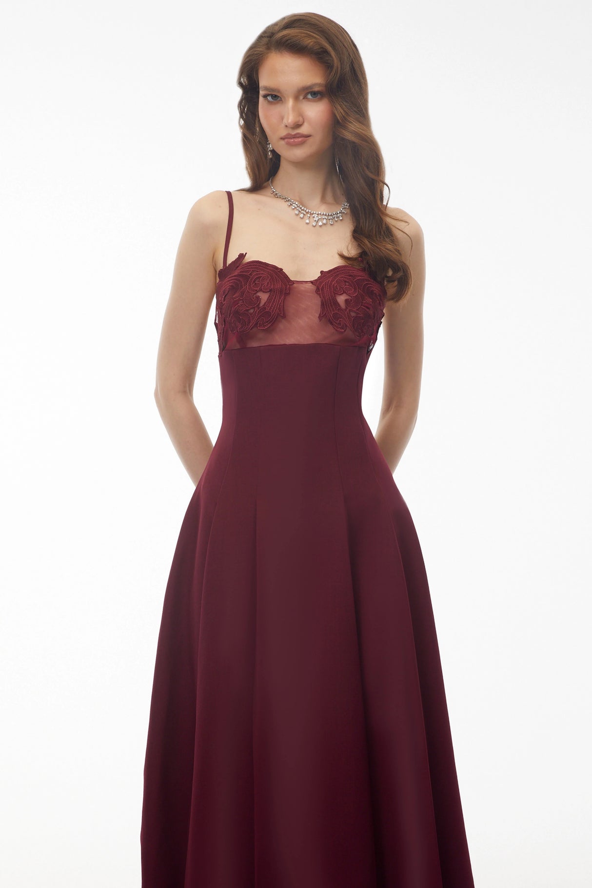 Olesya Burgundy Floral Embroidered Maxi Dress