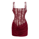 Olesya Red Ruched Mini Dress with Lace Panels