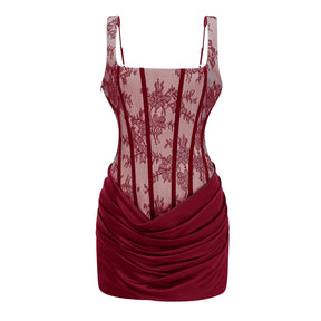 Olesya Red Ruched Mini Dress with Lace Panels