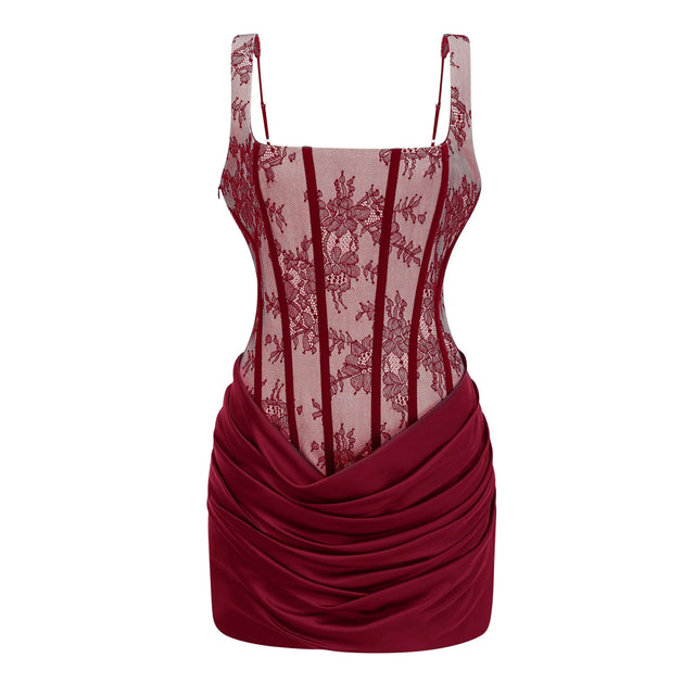 Olesya Red Ruched Mini Dress with Lace Panels