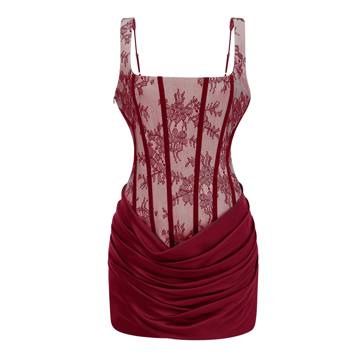 Olesya Red Ruched Mini Dress with Lace Panels