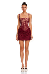 Olesya Red Ruched Mini Dress with Lace Panels