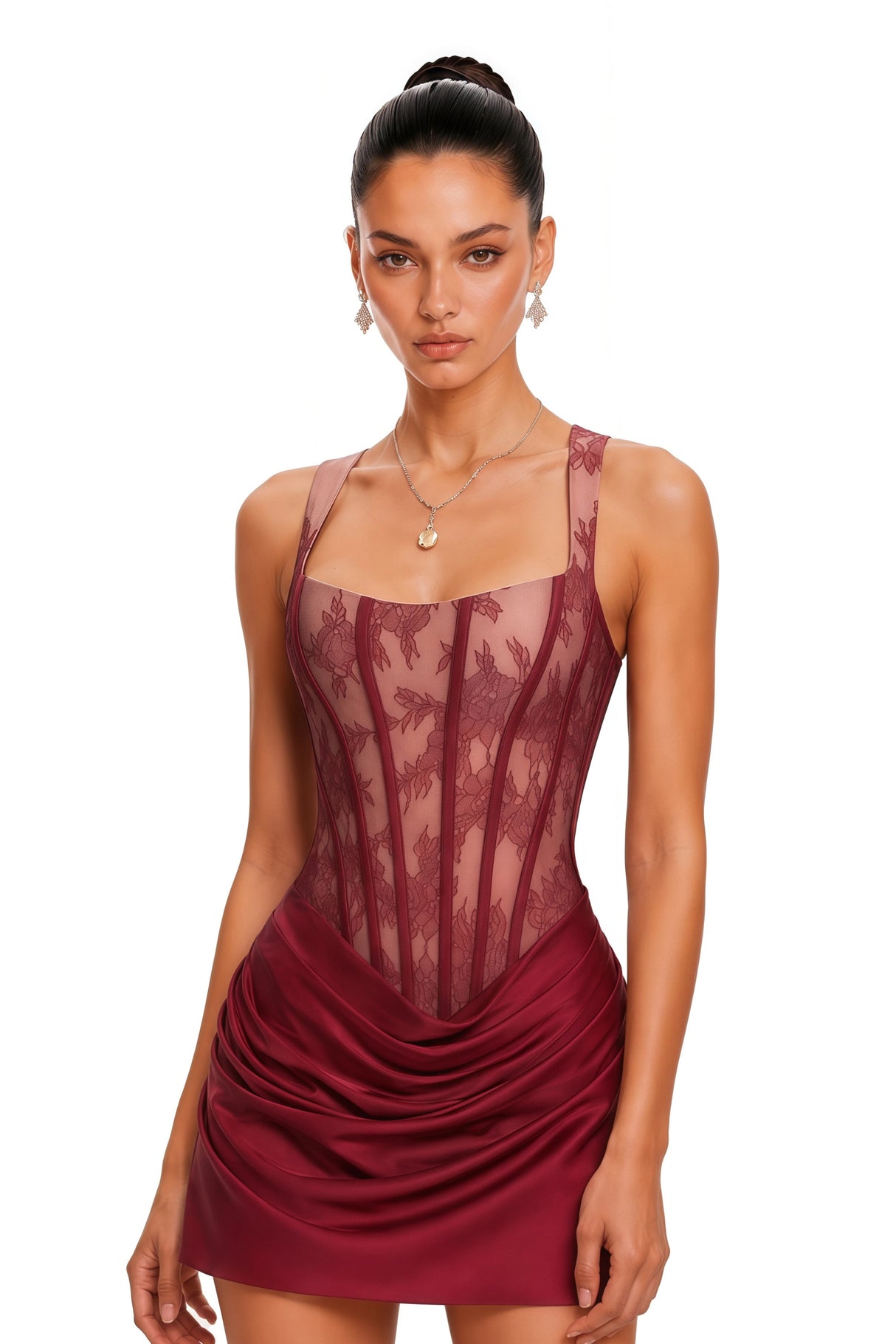 Olesya Red Ruched Mini Dress with Lace Panels