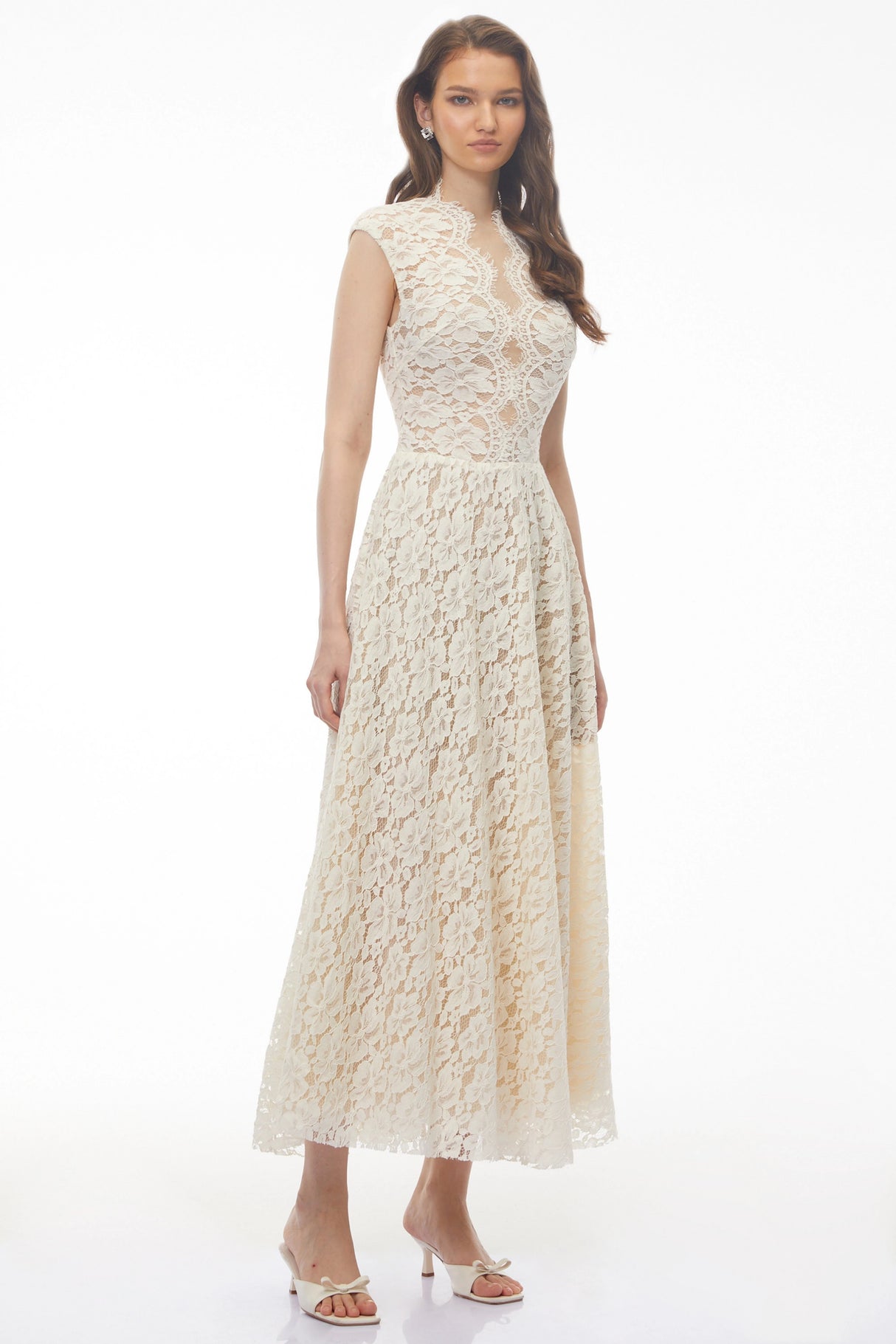 Oliana Ivory Lace Maxi Gown with Cap Sleeves