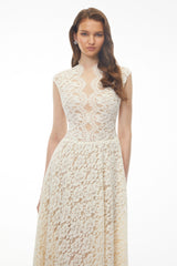 Oliana Ivory Lace Maxi Gown with Cap Sleeves