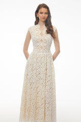 Oliana Ivory Lace Maxi Gown with Cap Sleeves