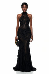 Olinda Black 3D Floral Backless Maxi Dress