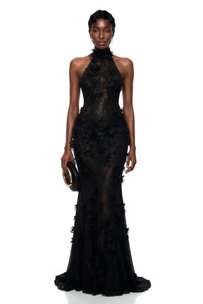 Olinda Black 3D Floral Backless Maxi Dress