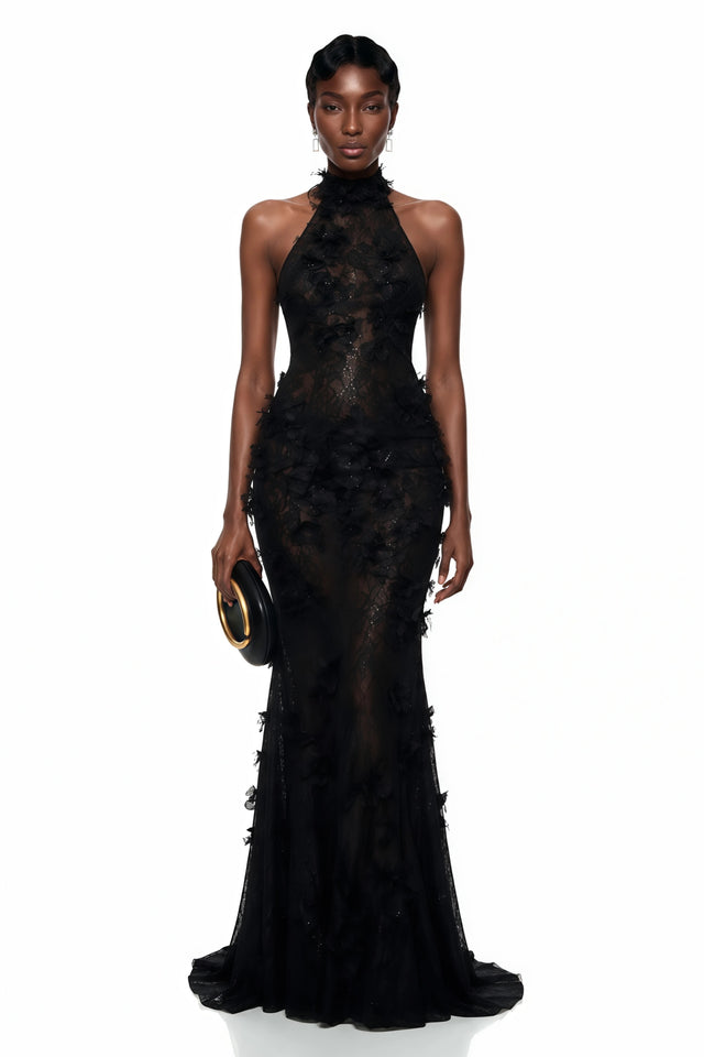 Olinda Black 3D Floral Backless Maxi Dress