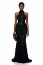 Olinda Black 3D Floral Backless Maxi Dress
