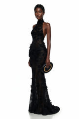 Olinda Black 3D Floral Backless Maxi Dress