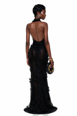 Olinda Black 3D Floral Backless Maxi Dress