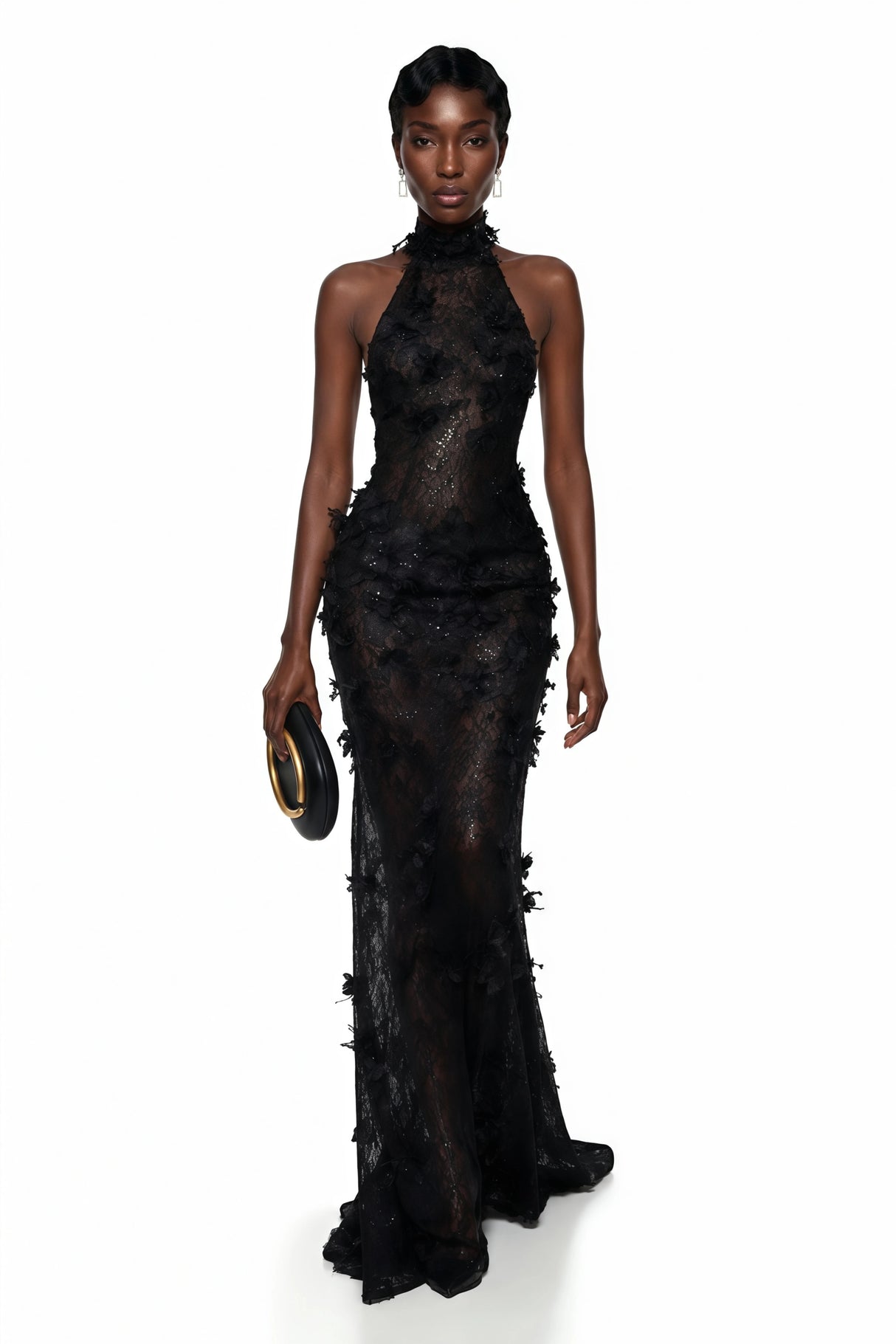 Olinda Black 3D Floral Backless Maxi Dress
