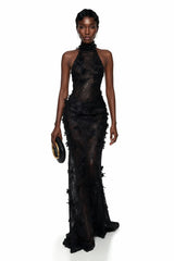 Olinda Black 3D Floral Backless Maxi Dress