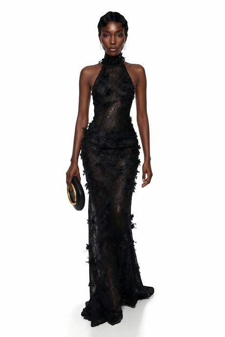 Daniela Maxi Dress Black 3D Floral Backless