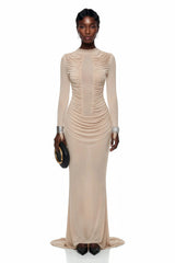 Olinda Nude Ruched Maxi Dress with Asymmetrical Hem