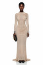 Olinda Nude Ruched Maxi Dress with Asymmetrical Hem