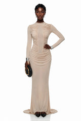 Olinda Nude Ruched Maxi Dress with Asymmetrical Hem