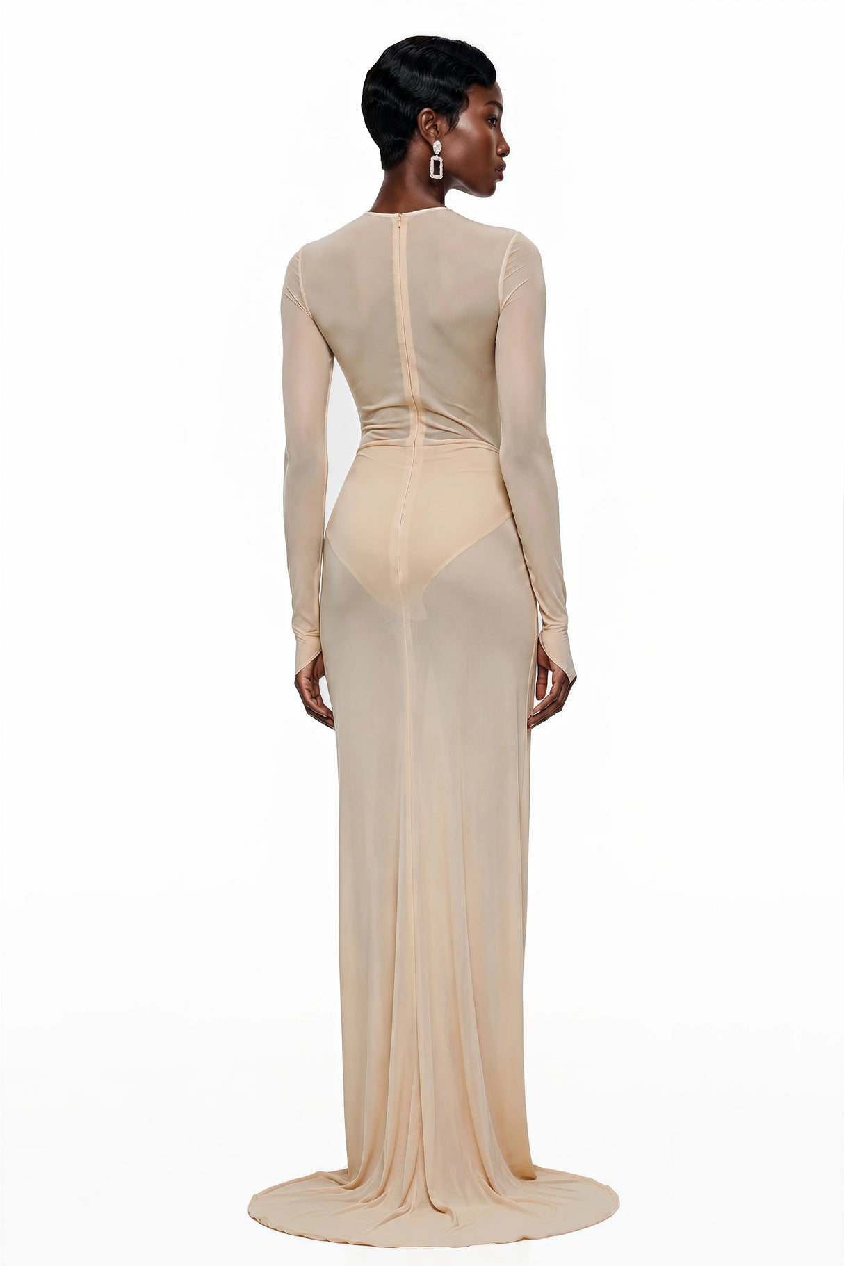 Olinda Nude Ruched Maxi Dress with Asymmetrical Hem